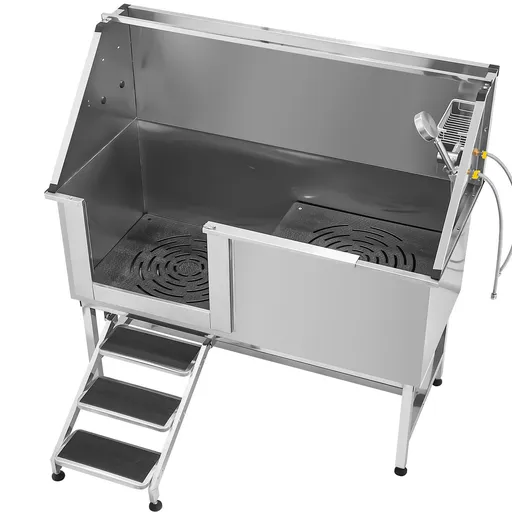 Stainless Steel Dog Washing Station, 157.48 cm Pet Grooming Tub w/ Stairs, PE Water Filter Board, Faucet & Showerhead & Soap Holder Dog Bathtub for Large & Medium & Small Pets (Left Door)