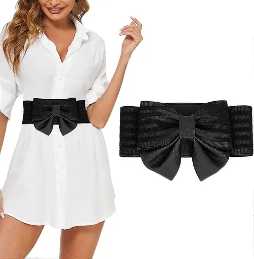 Women's Faux Leather Wide Belt with Bow, Elastic Waistband