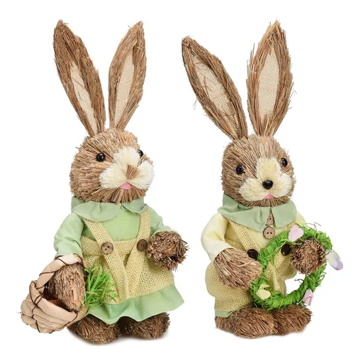 2 Pcs Handmade Straw Bunny Woven Standing Bunny Statue Decor for Indoor Child Party Green