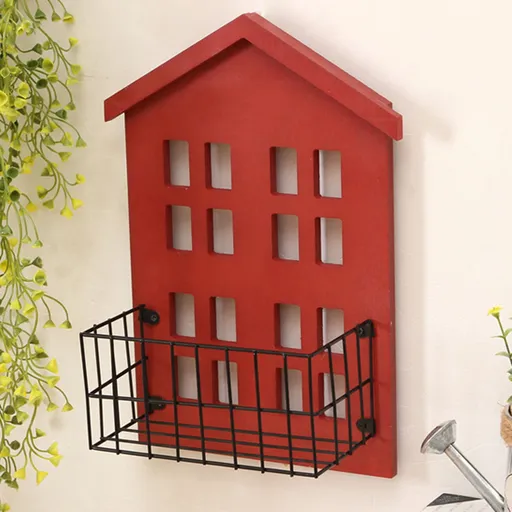 Wall Storage Shelves Hand Made Wood House Shape Wall Mounted Shelf for Bedroom Living Room Red