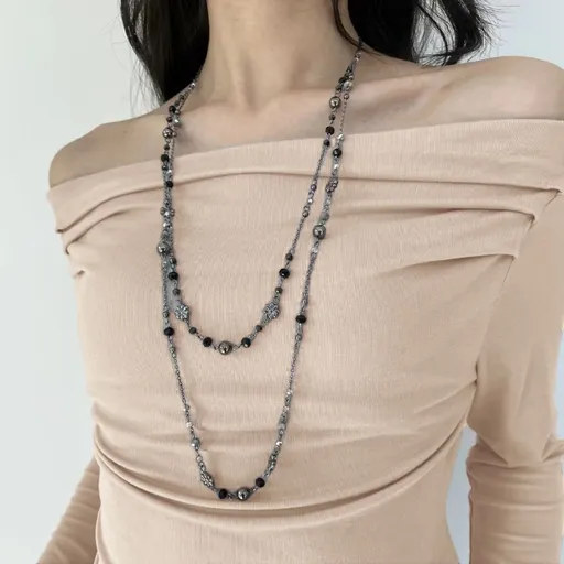 Gunmetal Grey | Vintage Distressed Y2K Beaded Long Necklace | Christmas Edgy Street Gift | Layered Grunge Clavicle Chain Spicy Girl Neck Accessory
