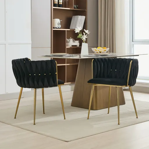 Set of 2 Velvet Upholstered Woven Dining Chairs with Golden Metal Legs, Black