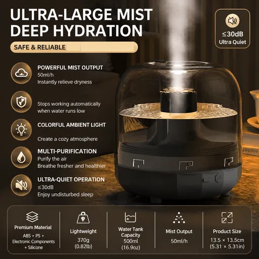 Black 500ml Smart Ultrasonic Humidifier & Aroma Diffuser – USB Silent Air Moisturizer, LED Bedroom Mist Maker
