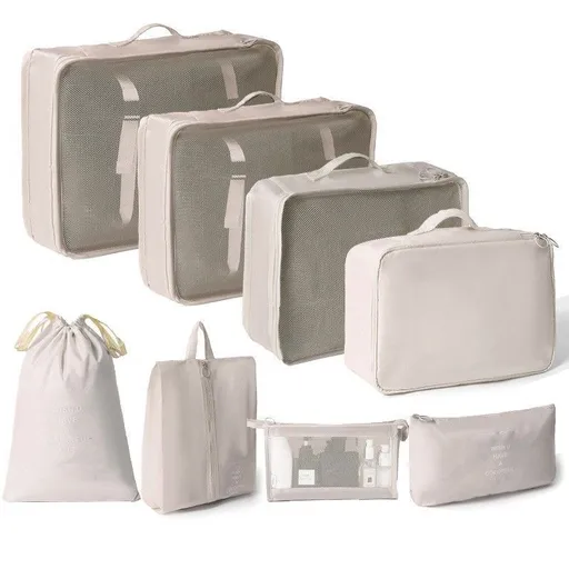 Multi-Purpose Suitcase Clothing Pouches For Travel, 8 Pcs Packing Set Equipped With Independent Makeup Bag, Beige, Stylish Vacation Prep Gift