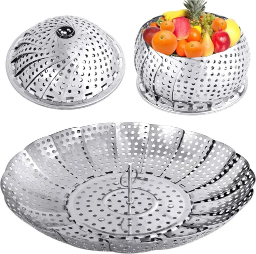 Vegetable Steamer Basket - Collapsible Steamer Basket - Stainless Steel Foldable Steamer Basket - For Cooking Food - Expandable, Suitable for Pots of Different Sizes (13.5cm to 21.8cm).