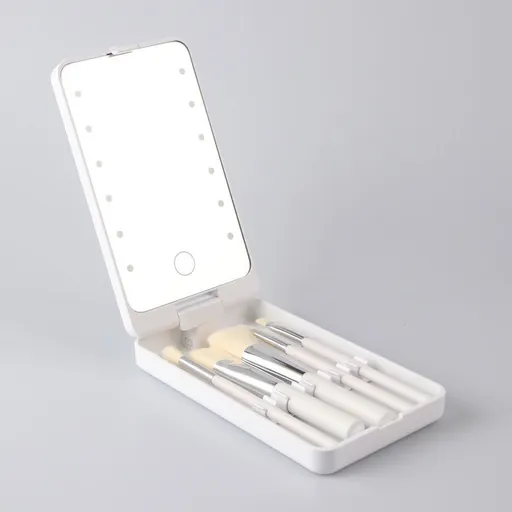 White Portable LED Makeup Mirror with Lights & Brushes (9x2.5x16CM) - Mini Foldable Desktop Vanity Mirror with Dual Color Temperature