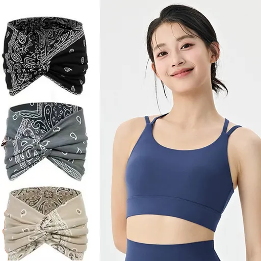 Outdoor sports combination-Blue XL Size thin shoulder straps Sports Bra with Adjustable Back Buckle and 3 Pack 18cm Boho Paisley Headband Set（Black and Grey and Beige） - Breathable Fixed Cup Yoga Top and Wide Elastic Hair Band for Gym Running and Dai