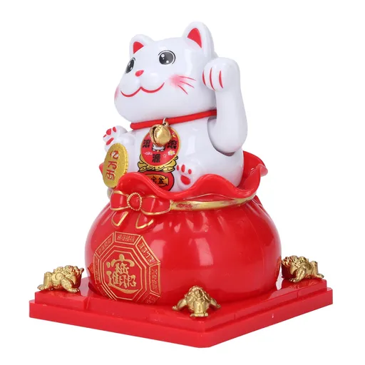 Lucky Cat Statue Automatic Waving Arm Solar Powered Wealth Welcoming Lucky Cat for Present Cash Register Home Decoration Red Big Eyes