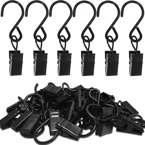 Stainless Steel S Hooks Curtain Clips, 50 Pack Hanging Party Lights Clips Hangers Gutter Photo, Art Craft Display, 2.4 Inch Long, Black Long -