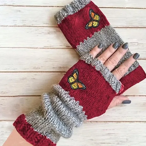 Fashion Color-Block Butterfly Embroidered Knit Gloves, Warm Fit 8.5×22cm, Practical Sweet Stylish Essential for Autumn/Winter Outfits(RED)