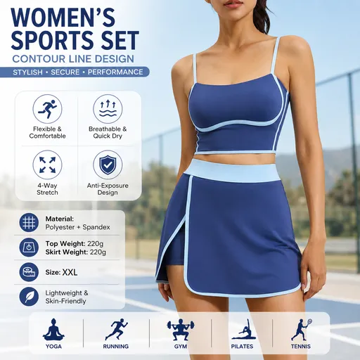 Blue XXL Size Women's Linear Sports Set - Polyester Spandex Blend with Adjustable Straps, Removable Pads and Anti-Exposure Skirt for Yoga, Running and Gym