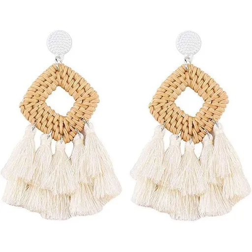 Bohemia Tassel Earrings Statement Handmade Dangle Ethnic Fringe Earrings Bamboo Weaving Geometric Square Sector Gifts for Women