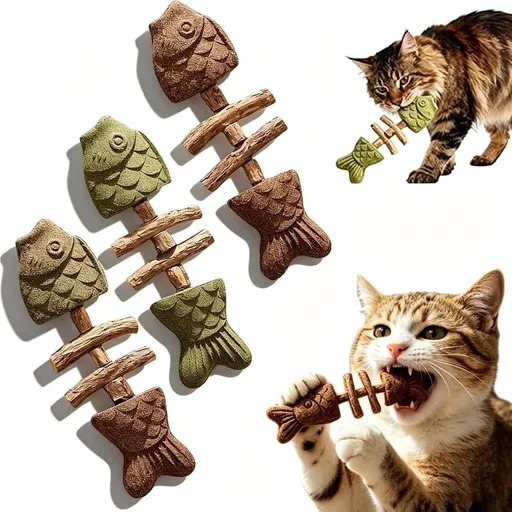 Chew, Natural Fishbone Wooden Cat Dental Chew Toy, Teeth Cleaning Stick Improves Cat Oral Health, Interactive Kitten Chewing Play Toy for All Breeds Cats (1, 3pcs)