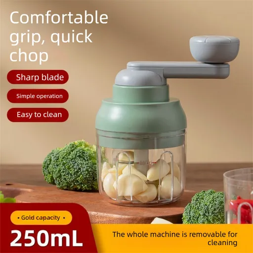 Manual Mini Garlic Chopper & Food Processor 250ml Portable Hand-Crank Mincer for Garlic, Meat, and Baby Food – Matcha Green