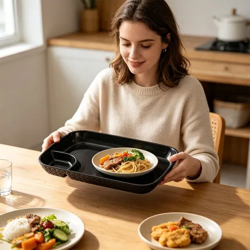 Divided Dinner Plates, Compartmentalized Plastic Meal Tray, Microwave Dishwasher Safe Kids Tray 9.84x7.28in for Home School Lunch, Black
