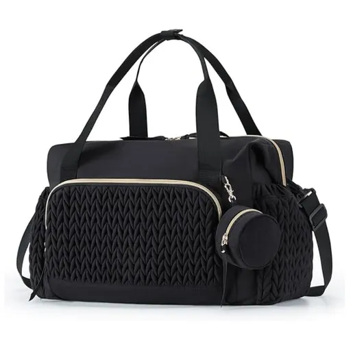 Black Large Quilted Diaper Bag Tote - Multi-functional Travel Baby Bag with Changing Pad and Pacifier Pouch - Stylish Hospital Bag for Labor and Delivery