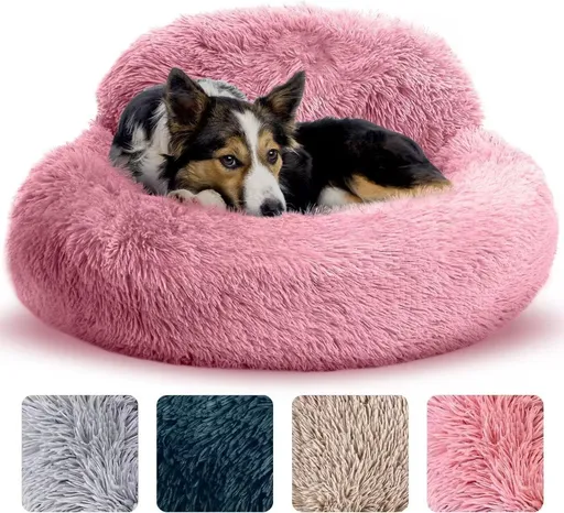 Cozy Plush Donut Pet Bed with Raised Rim, Washable Faux Fur Cat & Dog Couch, Winter Warm Supportive Nest for Small to Large Breeds (L, Pink)