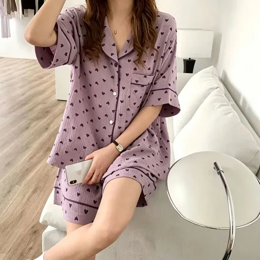 Purple Heart Size XXL | Bubble Crinkle Roomy Short Sleepwear | Halloween Romantic Relaxed Gift | Roomy Relaxed Fit Plus Size Homewear