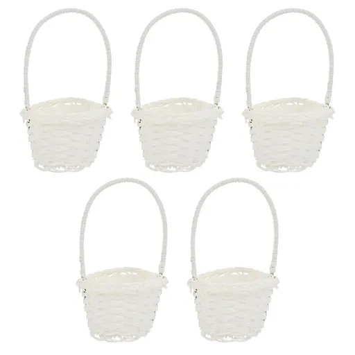 Set of 5 Small White Rattan Baskets with Handles - Wicker Bins, Multi-Purpose Storage for Kids and Home
