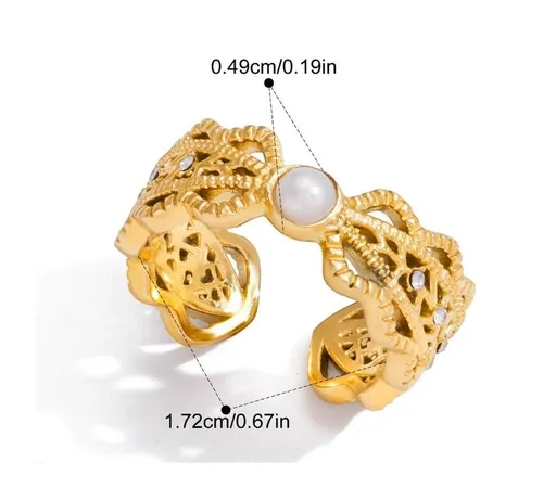 Style 7 Vintage Gold-Plated Stainless Steel Ring for Women - Waterproof Hypoallergenic Stackable Statement Rings, Crown Pearl Crystal & Lace Style Collection Inner Diameter 0.67 in