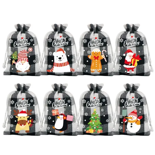 Black and white checkered Christmas Gift Drawstring Bags Set - Festive Burlap Style Pouches for Candy & Apples - Holiday Decoration - 10 Pcs