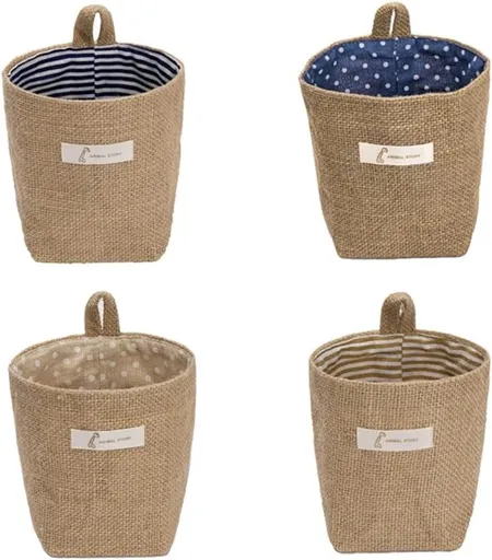 4-Pack Mini Jute Hanging Storage Baskets with Fabric Liners for Doors and Walls, 13.5 x 10 cm