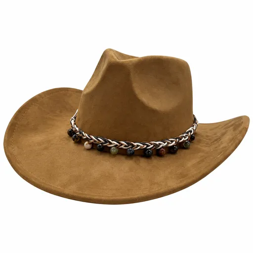 Camel Western Cowboy Hat -camel Suede Fabric, 56-58 cm Fit, 10 cm Wide Brim, Braided Bead Band, Lightweight Vintage Style for Men and Women