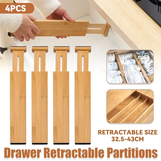 4PCS Bamboo Drawer Retractable Partitions Durable for Home Kitchen