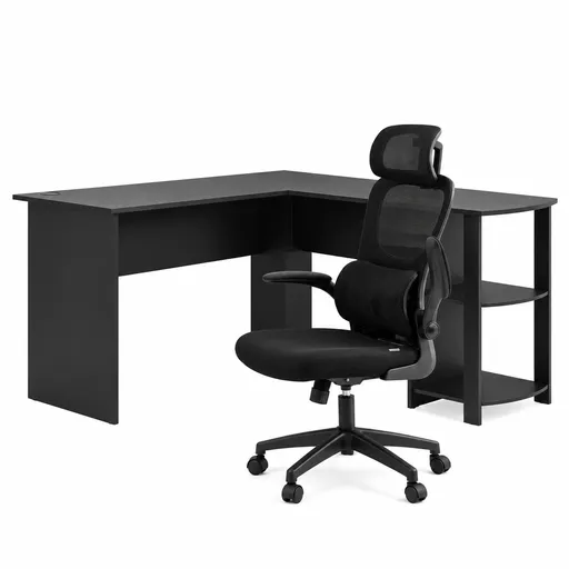 Artiss Office Desk and Chair Set L Shaped Computer Desk 136cm with 2 Tier Storage Shelves, Ergonomic Mesh Office Chair with Adjustable Headrest, Flip-Up Armrests & Lumbar Support