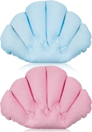 2 Pieces Inlatable Bath Pillow with Suction Cups, Terry Cloth Covered Bath Pillow Shell Shape Bathtub Spa Pillow Comortable Sot Bath Cushion, Neck Support or Bathtub, Hot Tub, Home Spa Tub
