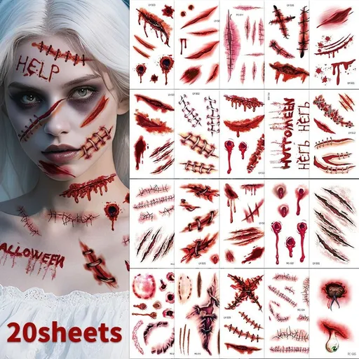 Halloween Tattoos 3D Temporary Tattoos Fake Wound Stickers Blood Wounds - Red - Size scarC-20pcs
