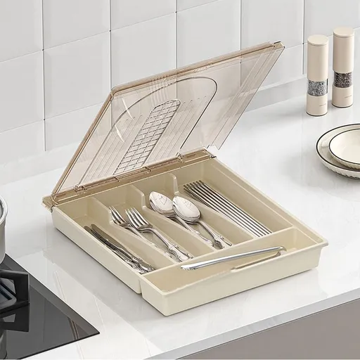 Cutlery Organizer with Lid Drawer Table Top Tray Outdoor Storage Box Compartmentalized 33x28x4.8cm 12.99x11.02x1.89in