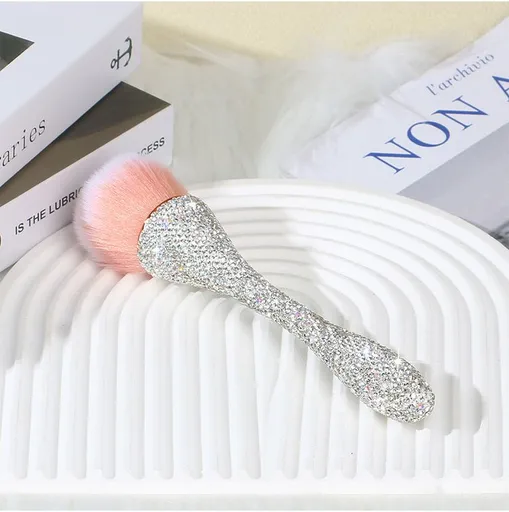 Handmade Rhinestone Powder Brush for Makeup and Nail Dust Cleaning, Soft Fluffy Nylon Bristles with Gradient Pink, Elegant Waist Design for Daily Beauty and Salon Use (White)