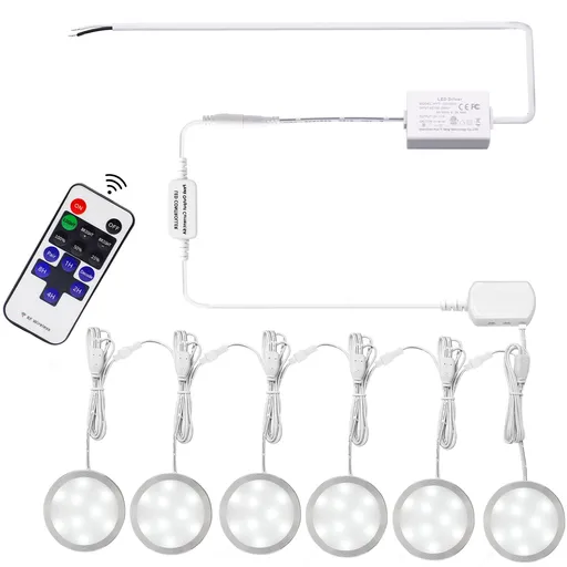 Linkable Under Cabinet LED Lighting 12V Slim Aluminum Dimmable Puck Lights Direct Wired with RF Remote Control for Kitchen Lighting(6pack,Daylight White)