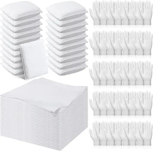 60 Pcs Wood Staining Applicator Kit Include Microfiber Sponge Applicator Pads Cotton Lint Free Cloth Disposable Nitrile Gloves for Wood Stain and Oil Based Finishes