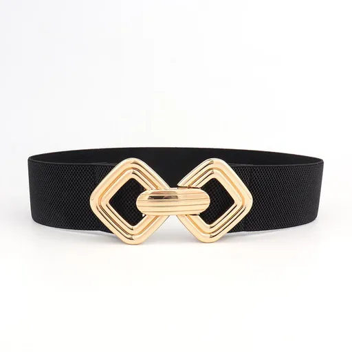 Women's 95cm Wide Elastic Stretch Leather Dress Belt with Gold Buckle