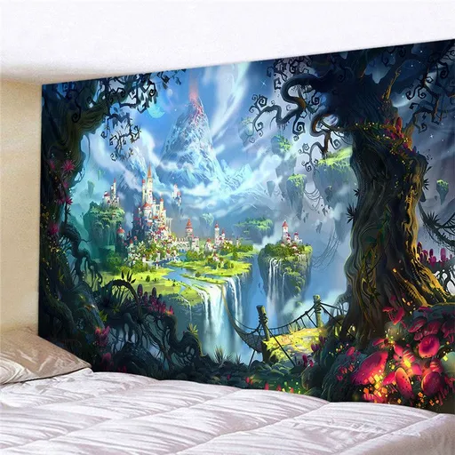 3D space enchanting forest background, dreamy castle wallpaper, kindergarten children's bedroom, waterfall mural, boys and girls