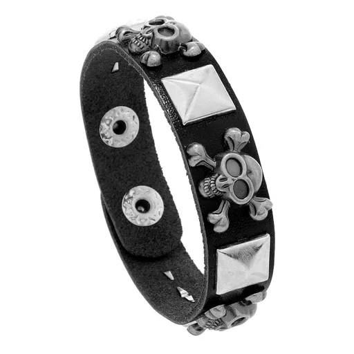 Skull & Crossbones [Black Leather Skeleton Bracelet] Awesome Accessory for Bikers/Halloween [Unisex]