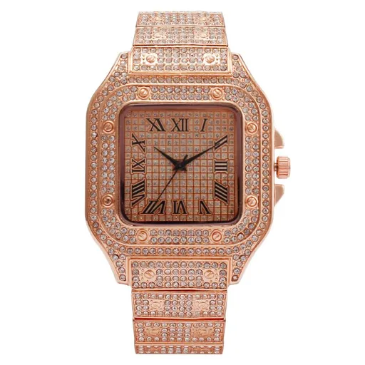 Square Rhinestone Quartz Watch Men Metal 41mm Rose Gold