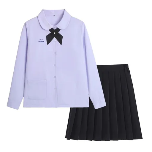 Thai School Uniform Shirt Cotton Blend Embroidery Badge Thai women's long-sleeved shirt + black skirt