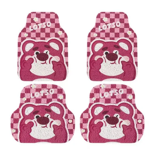 Cartoon Bear Car Floor Mats PVC Universal Non Slip Plaid bear wire ring foot pad 4-piece set
