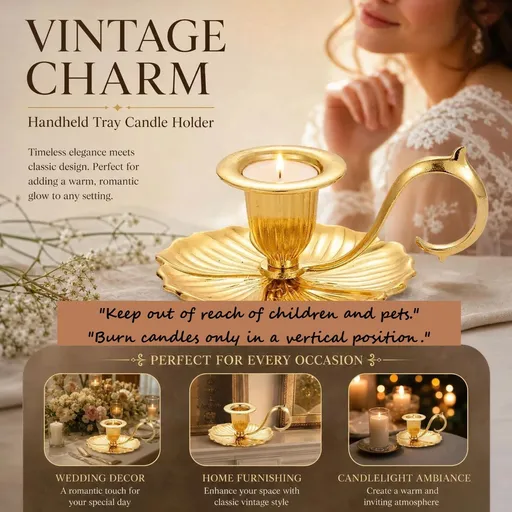 Vintage Handheld Tray Candle Holder, Elegant Desktop Ornament, Delicate Housewarming Gift, Gold