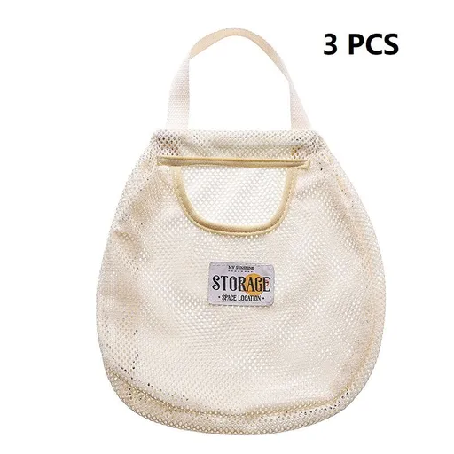 3 pcs Beige Hanging Mesh Storage Bag - Breathable Canvas Organizer for Socks and Underwear - Space Saving Wall Mount Design, Washable and Durable for Wardrobe, Dorm, and Bathroom