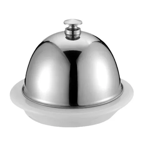 Ceramic Butter Dish with Stainless Dome Cover, Cheese Dish with Lid, Small Cheese Plate Serving Tray with Silver Handled Lid for Countertop, Dessert, Cupcake
