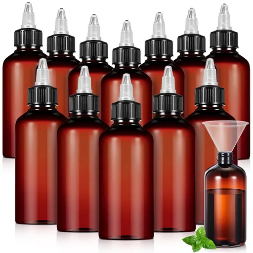 12 Pcs 8 oz Brown Squeeze Bottle Twist Top Applicator Empty Hair Oiling Bottle with Funnels Refillable Plastic Liquid Containers for Liquid Hair Oil Shampoo Lotion
