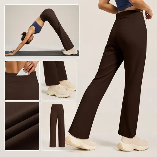Women's High Waisted Straight Leg Yoga Pants (XL size) - Coffee Brown, Relaxed Full Length Fit with Rear Waist Pocket for Yoga, Pilates, Walking and Everyday Athleisure