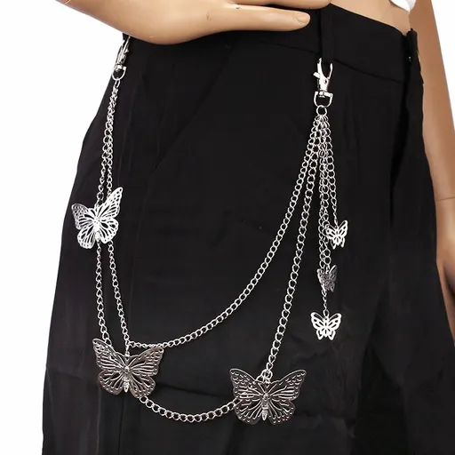 Double Layer Butterfly Waist Chain - Silver Tone Metal Layered Body Chain with Lobster Clasp, Y2K Punk Fashion Cargo Pants Accessory for Women Girls