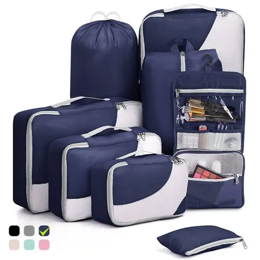 8-Piece Suitcase Organizer Set with Durable Packing Cubes and Shoe Bags, Dark Blue