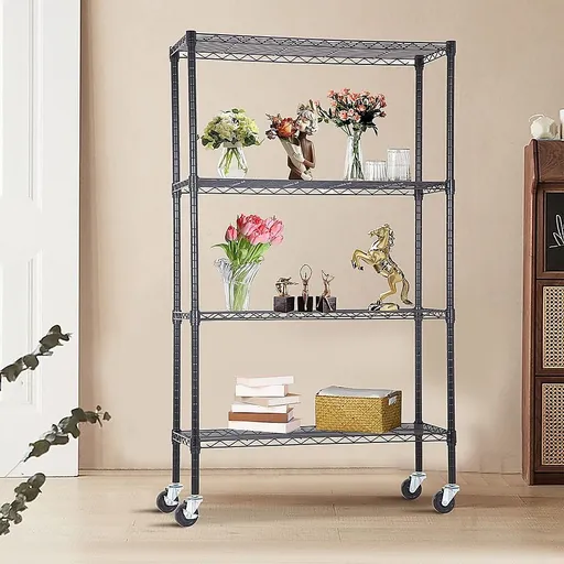 Wire Storage Rack – 90x45cm Black Shelving with Wheels