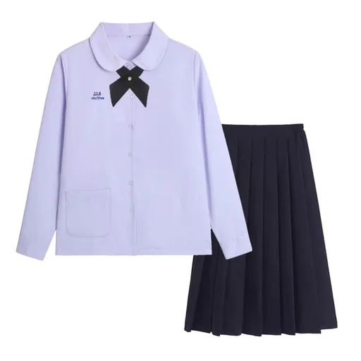 Thai School Uniform Shirt Cotton Blend Embroidery Badge Thai women's long-sleeved shirt + navy blue skirt M